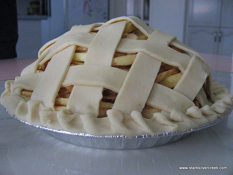 Just before putting on a brushing of cream and popping into the oven. My favorite step of making an apple pie is weaving the lattice on the top. I think it is the ultimate way you make the top crust of an apple pie.