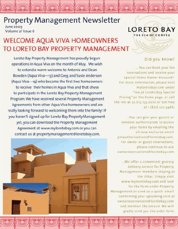 Loreto Bay Property Management Newsletter June 2009 Stark Insider