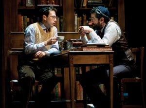 l-r Young Reuven Malter (Jonathan Bock) shares a cup  of tea with his father, David Malter (Rolf Saxon) in  THE CHOSEN at TheatreWorks.  Photo Credit: Mark Kitaoka
