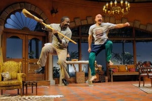 Groundswell 3: (l to r) Thami (Dwight Huntsman) teaches Johan (Scott Coopwood) a South African tribal dance in San Jose Rep’s West Coast premiere of Groundswell. Photo: Kevin Berne