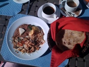Eggs and Chorizo, Tortillas, Coffee at Oasis Hotel