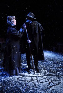 Ella Rentheim (l, Karen Lewis) and John Gabriel Borkman (r, James Carpenter) go for a walk in the snow in Aurora Theatre Company's John Gabriel Borkman Photo by David Allen