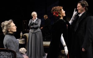 John Gabriel Borkman (c, James Carpenter) paces in the attic as Ella (l, Karen Lewis) and Gunhild (c. left, Karen Grassle) entertain Mrs. Wilton (c. right, Pamela Gaye Walker) and Erhart Borkman (r, Aaron Wilton) in John Gabriel Borkman Photo by David Allen