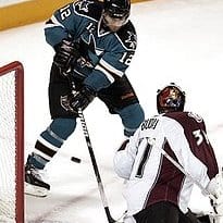 San Jose Sharks center Patrick Marleau (12) scores past Colorado Avalanche goalie Peter Budaj (31), of Slovakia, in the third period of Game 5 of a first-round NHL hockey playoff series Thursday, April 22, 2010, in San Jose, Calif. (AP Photo/Paul Sakuma) (Paul Sakuma - AP)