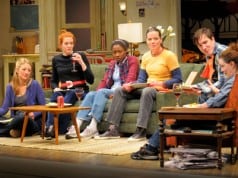 (l to r) At Berkeley Rep, Heidi Schreck, Andrea Frankle, Miriam Glover, Danielle Skraastad, Carson Elrod and Dierdre O’Connell star in the world-premiere production of In the Wake, from the creators of Broadway’s Well. Photo courtesy of kevinberne.com