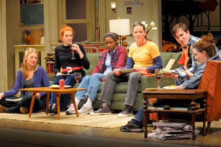 (l to r) At Berkeley Rep, Heidi Schreck, Andrea Frankle, Miriam Glover, Danielle Skraastad, Carson Elrod and Dierdre O’Connell star in the world-premiere production of In the Wake, from the creators of Broadway’s Well. Photo courtesy of kevinberne.com