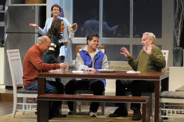 Daniel (Michael Santo), Jen (Tiffany Ellen Solano), Sonia (Ivonne Coll), Zak (Miles Gaston Villanueva) and Sam (Julian López-Morillas) enjoy pasteles and coffee in San Jose Repertory Theatre’s production of Sonia Flew. Photo: Kevin Berne