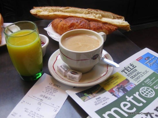 The breakfast special. A cappaccino, mini baguette, croissant and orange juice. The baguette comes with a generous slathering of butter.