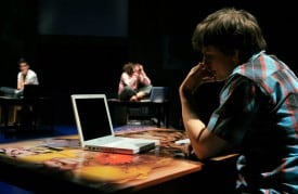 l-r, Howie (Maro Guevara), Diwata (Jayne Deely) and Solomon (Jason Frank) listen to an NPR report about themselves in Speech & Debate Photo by David Allen