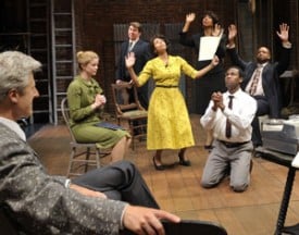 Director Al Manners (l, Tim Kniffin*) and Eddie Fenton (r, Patrick Russell*) watch the cast (c. l-r, Melissa Quine, Michael Ray Wisely*, Margo Hall*, Elizabeth Carter*, Jon Gentry*, Rhonnie Washington*) rehearse in Trouble in Mind Photo by David Allen