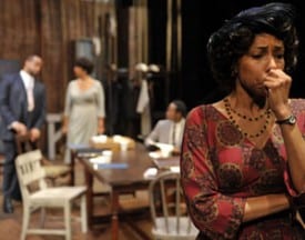 Actress Wiletta Mayer (r, Margo Hall*) has an emotional moment as the cast (l-r,Rhonnie Washington*, Elizabeth Carter*, Jon Gentry*) prepares to rehearse in Trouble in Mind Photo by David Allen