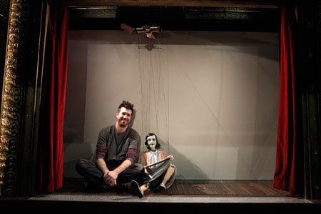 Matt Acheson designed the puppets—including this marionette of Anne Frank—for the world-premiere production of Compulsion at Berkeley Repertory Theatre. Photographer: Joan Marcus