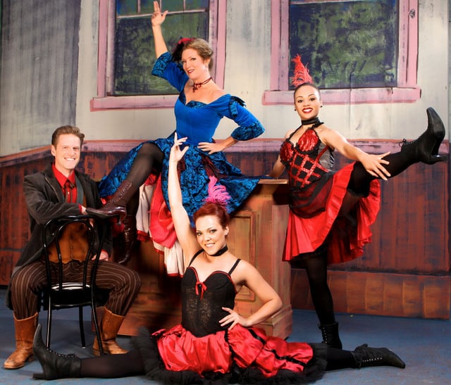L to R, Michael Cassidy as Jake Whippany, Stephanie Rhoads* as Cherry Jourdel, and Tracey Leigh Freeman and Jessica Robinson as Fandango dancers