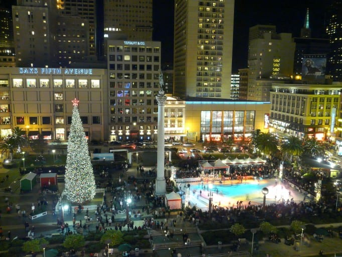 Aerial of view of the 2009 Safeway Holiday Ice Rink in San Francisco's Union Square