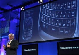 Mike Lazaridis, founder and co-chief executive of Research In Motion (RIM), introduces the new BlackBerry Torch 9800 smartphone at a news conference in New York August 3, 2010. Credit: Reuters.