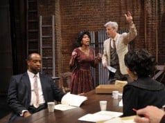 Al Manners (c. r, Tim Kniffin*) directs Wiletta Mayer (c. l,Margo Hall*) in front of cast and crew (l, Melissa Quine, Rhonnie Washington*, r. front-back Patrick Russell*, Elizabeth Carter*, Jon Gentry*) in Trouble in Mind Photo by David Allen