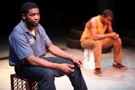 Joshua Elijah Reese and Tobie Windham as Ogun and Oshoosi Size in The Brothers Size at Magic Theatre. Written by Tarell Alvin McCraney, directed by Octavio Solis. Photo by Jennifer Reiley.