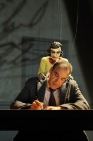 Tony- and Emmy Award-winning actor Mandy Patinkin performs with a marionette of Anne Frank in the world-premiere production of Compulsion at Berkeley Rep. Photo courtesy of kevinberne.com