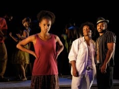 Lakisha May as Oya, Jared McNeill as Elegba, and Daveed Diggs as The Ogungun in Tarell Alvin McCraney's In the Red and Brown Water at Marin Theatre Company, Part One of The Brother/Sister Plays. Photo by Kevin Berne.