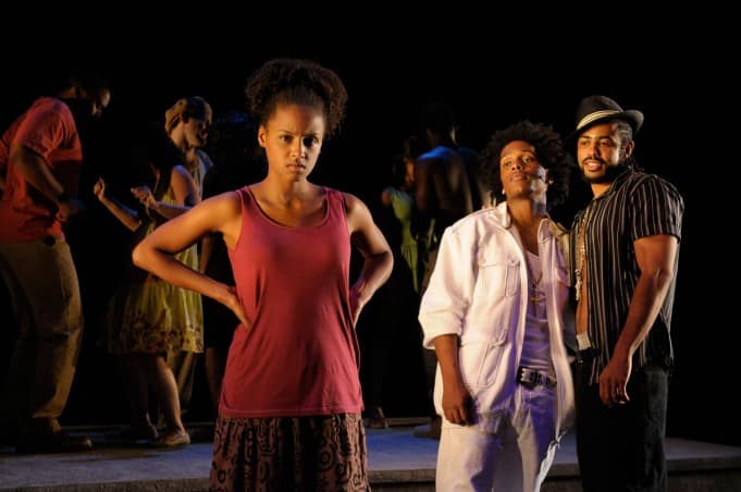 Lakisha May as Oya, Jared McNeill as Elegba, and Daveed Diggs as The Ogungun in Tarell Alvin McCraney's In the Red and Brown Water at Marin Theatre Company, Part One of The Brother/Sister Plays. Photo by Kevin Berne.