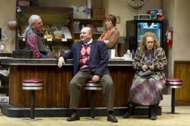 l-r Arthur Przybyszewski (Howard Swain), Max Tarasov (Søren Oliver), Randy Osteen (Julia Brothers), and Lady Boyle (Joan Mankin) in the regional premiere of SUPERIOR DONUTS at TheatreWorks. Photo Credit: Tracy Martin