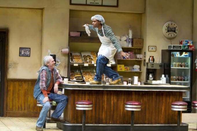 l-r Arthur (Howard Swain) and Franco (Lance Gardner) in the regional premiere of SUPERIOR DONUTS at TheatreWorks. Photo Credit: Tracy Martin