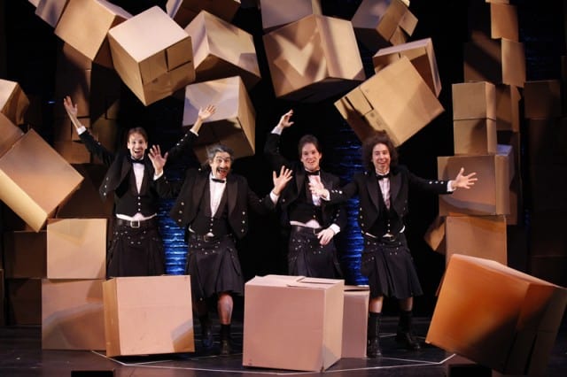 Stephen Bent as Zossima, Paul Magid as Dimitri, Roderick Kimball as Pavel, and Mark Ettinger as Alexei in The Flying Karamazov Brothers' production of 4Play at San Jose Repertory Theatre.