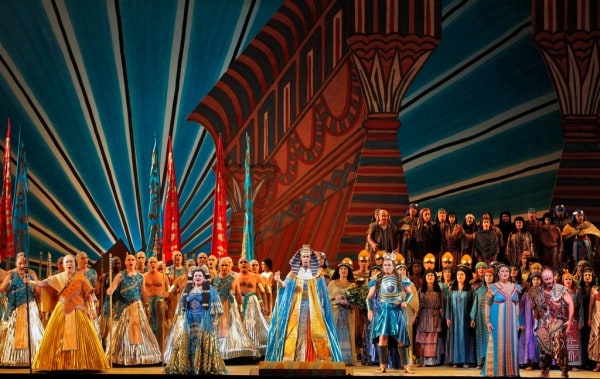 Hao Jiang Tian (Ramfis), Dolora Zajick (Amneris), Christian Van Horn (The King of Egypt), Marcello Giordani (Radames), Micaela Carosi (Aida) and Marco Vratogna (Amonasro) with the San Francisco Opera Chorus photo by Cory Weaver