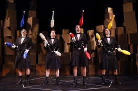 Paul Magid as Dimitri, Roderick Kimball as Pavel, Stephen Bent as Zossima, and Mark Ettinger as Alexai in The Flying Karamazov Brothers' production of 4Play at San Jose Repertory Theatre.