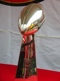 The San Francisco 49ers' Super Bowl XXIX trophy on display at the 49ers' Family Day at Candlestick Park.