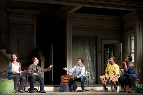 In 2009, neighbors Lena (A.C.T. Master of Fine Arts Program graduate Omozé Idehenre, right) and Kevin (A.C.T. core acting company member Gregory Wallace, second from right), with their lawyer, Tom (A.C.T. core acting company member Manoel Felciano, center), meet with new homeowners Lindsey (A.C.T. Master of Fine Arts Program graduate Emily Kitchens) and Steve (Richard Thieriot), who are planning to drastically remodel the house. Photo by Erik Tomasson.