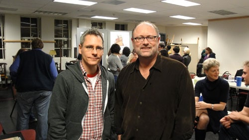 Playwright Bruce Norris (left) and director Jonathan Moscone at the first rehearsal for Clybourne Park. Photo by Evren Odcikin.