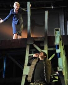 Hannah (Carrie Paff*) and David (Gabriel Marin*) face their fears on top of a bridge in the National New Play Network Rolling World Premiere of Collapse Photo by David Allen