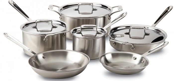 All-Clad BD005710-R D5 Brushed Stainless Steel 5-Ply Bonded Dishwasher Safe Cookware Set, 10-Piece, Silver