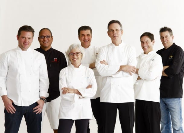 Napa Dream Team: L-R: Tyler Florence, Masaharu Morimoto, Cindy Pawlcyn, Michael Chiarello, Thomas Keller, Jeffrey Jake and Ken Frank.