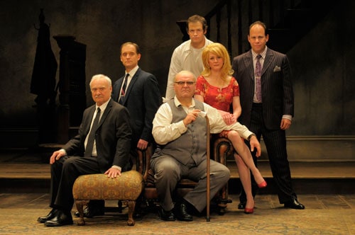 The family portrait (from left: Kenneth Welsh as Sam, A.C.T. core acting company member Anthony Fusco as Teddy, A.C.T. core acting company member Jack Willis as Max, Adam O’Byrne as Joey, A.C.T. core acting company member René Augesen as Ruth, and Andrew Polk as Lenny). Photo by Kevin Berne.
