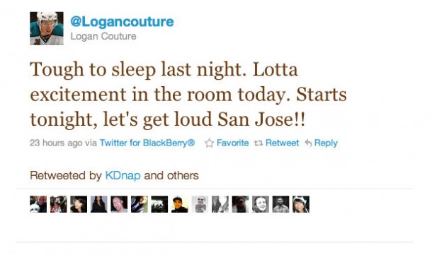 Logan Couture's pre-game Tweet - good luck charm #1.