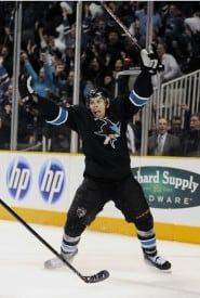 Joe Pavelski celebrates his game-winning OT goal in style. San Jose Sharks lead series 1-0. Photo by Thearon W. Henderson/Getty Images).