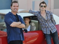 Playwright Trevor Allen with actors Chloe Bronzan and Patrick Alparone and a fire-engine '69 GTO.