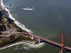 WhiteKnightTwo flies over the Golden Gate Bridge enroute to SFO Terminal 2.
