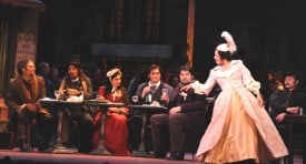 Daniel Cilli, Isaiah Musik-Ayala, Jasmina Halimic, Alexander Boyer, Torlef Borsting and Sandra Bengochea in Opera San José’s La bohème. Photo by Pat Kirk.