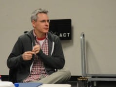 Playwright Bruce Norris speaks at the first rehearsal for Clybourne Park. Photo by Evren Odcikin.