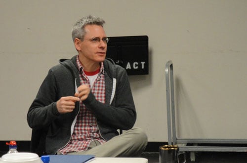 Playwright Bruce Norris speaks at the first rehearsal for Clybourne Park. Photo by Evren Odcikin.