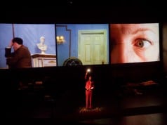 Cradeau (Andy Thompson, left) tries to ignore Estelle (Lucia Frangione, right) while The Valet (Jonathon Young) surveys the audience. Photo by Barbara Zimonick.