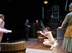 Gregor (c. Alexander Crowther) makes an unwelcome appearance during Grete’s (l, Megan Trout) performance, angering Mr. Fisher, Father, and Mother (l-r, Patrick Jones,* Allen McKelvey,* Madeline H.D. Brown) in Metamorphosis