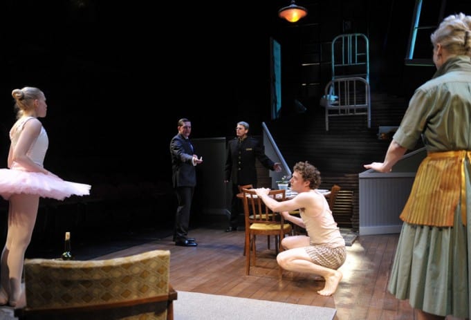 Gregor (c. Alexander Crowther) makes an unwelcome appearance during Grete’s (l, Megan Trout) performance, angering Mr. Fisher, Father, and Mother (l-r, Patrick Jones,* Allen McKelvey,* Madeline H.D. Brown) in Metamorphosis