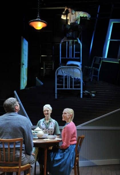 Gregor (top, Alexander Crowther) remains alone in his room, uninvited to dinner with Father, Mother, and Grete (seated l-r, Allen McKelvey,* Madeline H.D. Brown, Megan Trout), in Metamorphosis