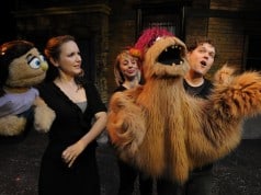 Halsey Varady as Kate Monster and Monique Hafen and Robert Brewer as Trekkie Monster in Avenue Q at San Jose Stage Company.