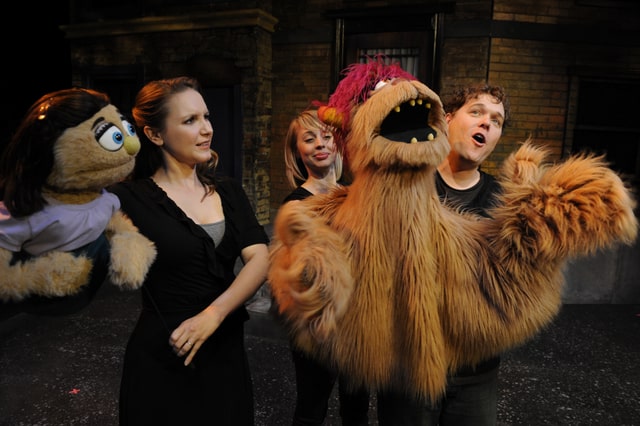 Halsey Varady as Kate Monster and Monique Hafen and Robert Brewer as Trekkie Monster in Avenue Q at San Jose Stage Company.
