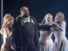 Lauren McNeese (Wellgunde), Gordon Hawkins (Alberich), Renee Tatum (Flosshilde) and Stacey Tappan (Woglinde). Photo by Cory Weaver.